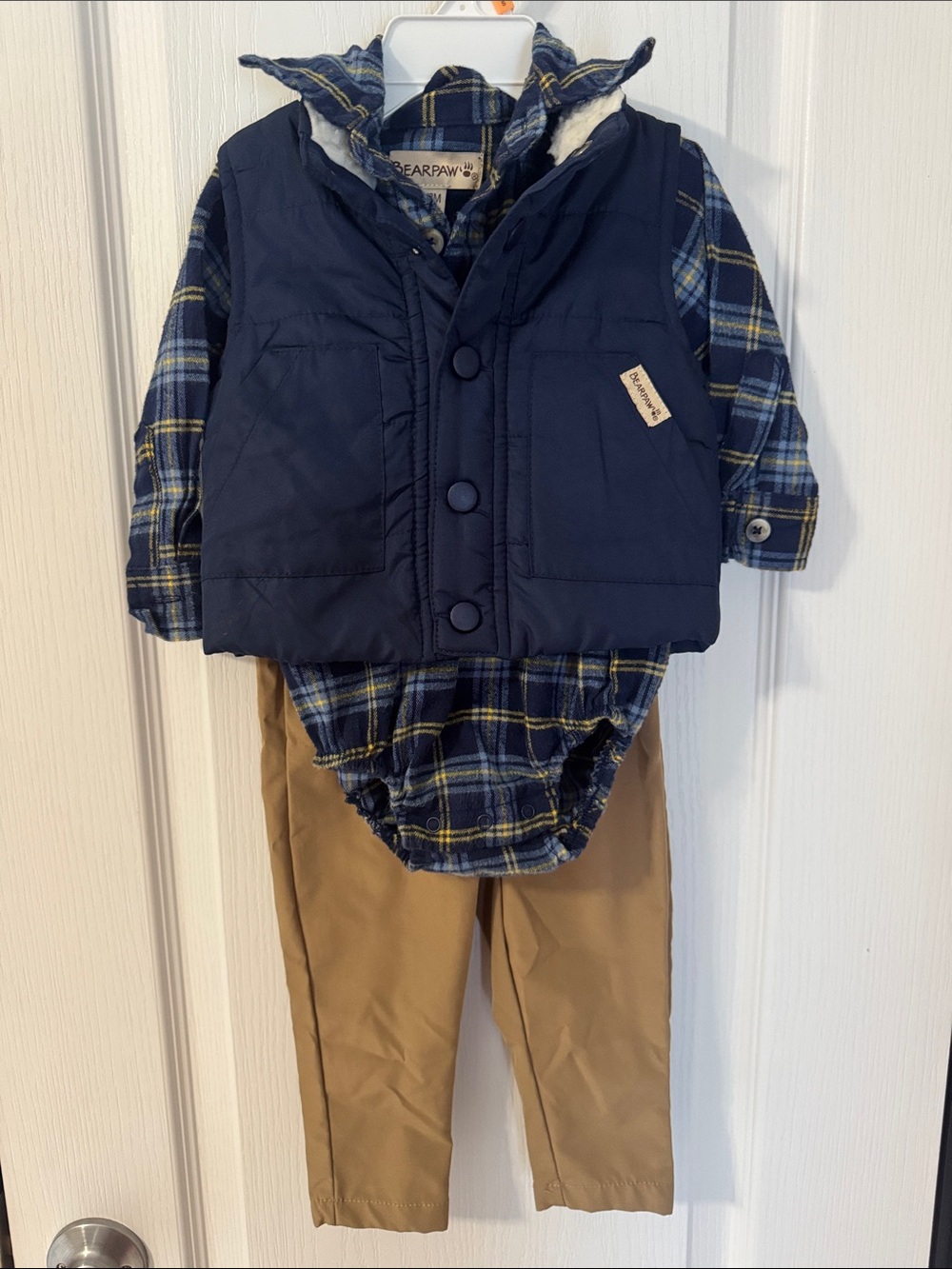 Bearpaw Baby Boys 3 Piece Plaid Vest Outfit Set 6-9M